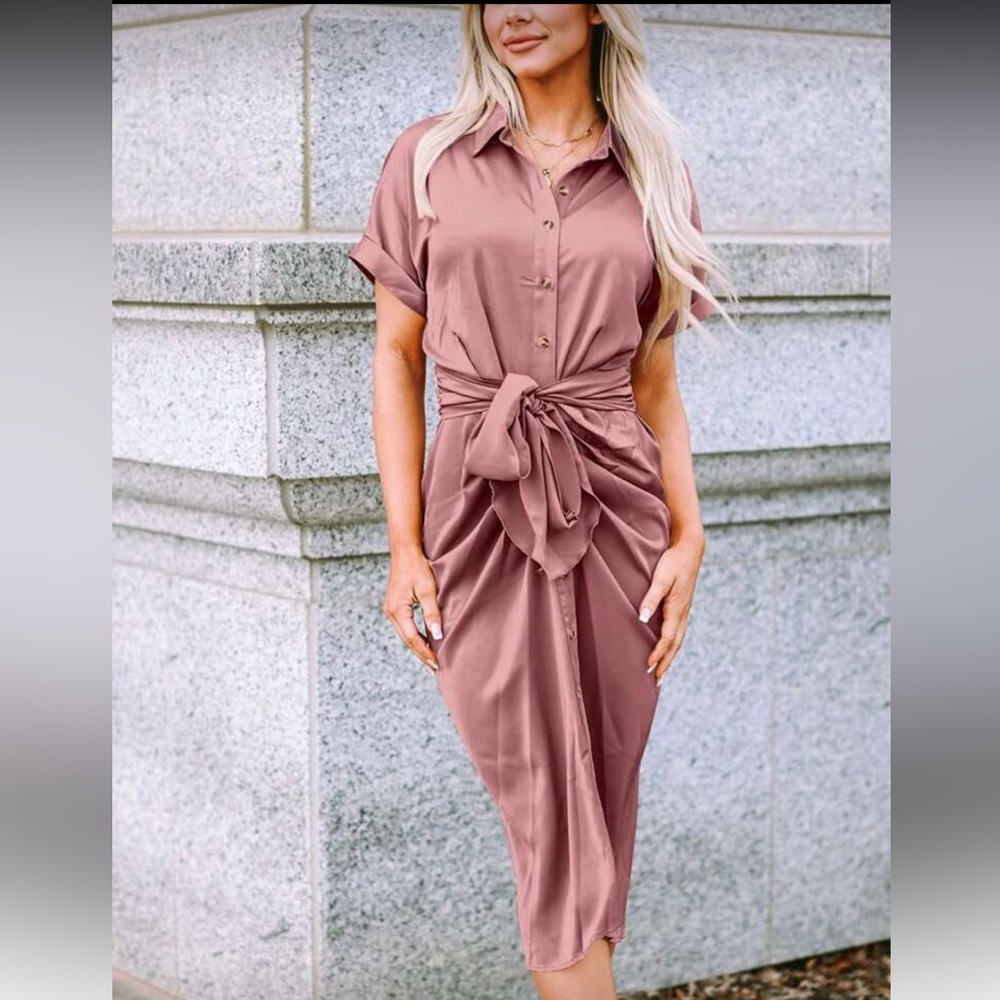 Elegant Pink Tie-Front Satin Dress
